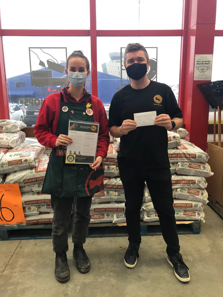 Laura of Bunnings Lyall Bay with PFT Trustee Patrick, Wellington helping to make New Zealand pest free again.